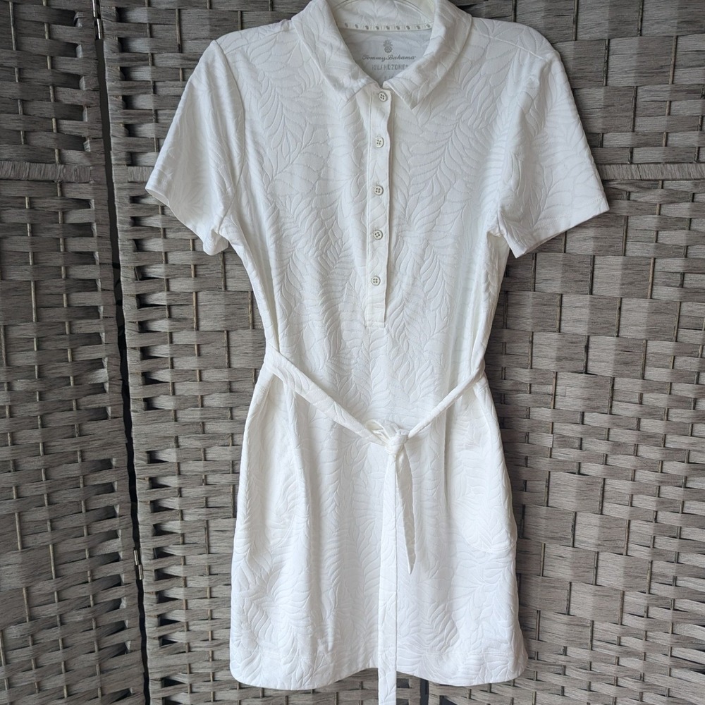 Tommy Bahama Polo Dress White Palm Leaf Jacquard IslandZone Sz S Tennis Preppy